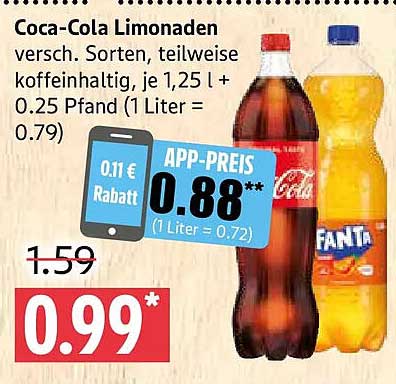 Coca-Cola Limonaden versch. Sorten, teilweise koffeinhaltig, je 1,25 l + 0.25 Pfand (1 Liter = 0.79)
