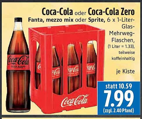 Coca-Cola oder Coca-Cola Zero Fanta, mezzo mix oder Sprite, 6 x 1-Liter-Glas-Mehrweg-Flaschen, teilweise koffeinhaltig