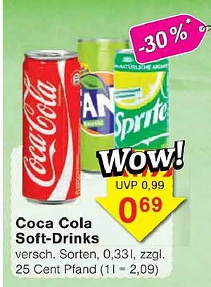 Coca Cola Soft-Drinks versch. Sorten, 0,33l, zzgl. 25 Cent Pfand (1l = 2,09)
