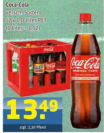 Coca-Cola versch. Sorten 12 x 1,0 Liter PET (1 Liter = 1,12)