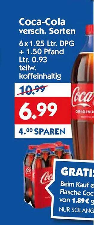 Coca-Cola versch. Sorten 6x1.25 Ltr. DPG + 1.50 Pfand Ltr. 0.93 teilw. koffeinhaltig