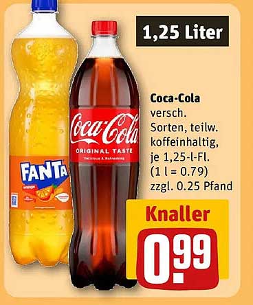 Coca-Cola versch. Sorten, teilw. koffeinhaltig, je 1,25-l-Fl. (1 l = 0.79) zzgl. 0.25 Pfand
