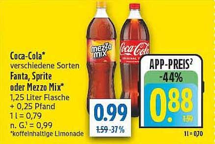 Coca-Cola verschiedene Sorten Fanta, Sprite oder Mezzo Mix 1,25 Liter Flasche + 0,25 Pfand