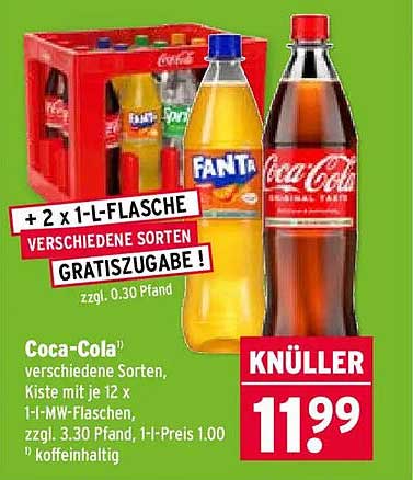Coca-Cola verschiedene Sorten, Kiste mit je 12 x 1 l-MW-Flaschen, zzgl. 3.30 Pfand, 1 l-Preis 1.00, koffeinhaltig