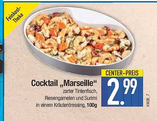 Cocktail „Marseille“ zarter Tintenfisch, Riesengarnelen und Surimi in einem Kräuterdressing, 100g