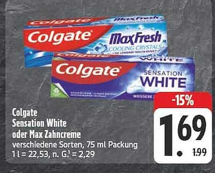 Colgate Sensation White oder Max Zahncreme verschiedene Sorten, 75 ml Packung 1 l = 22,53, n. G. = 2,29