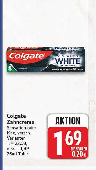Colgate Zahncreme Sensation oder Max, versch. Varianten 1l = 22,53, n. G. = 1,89, 75ml Tube