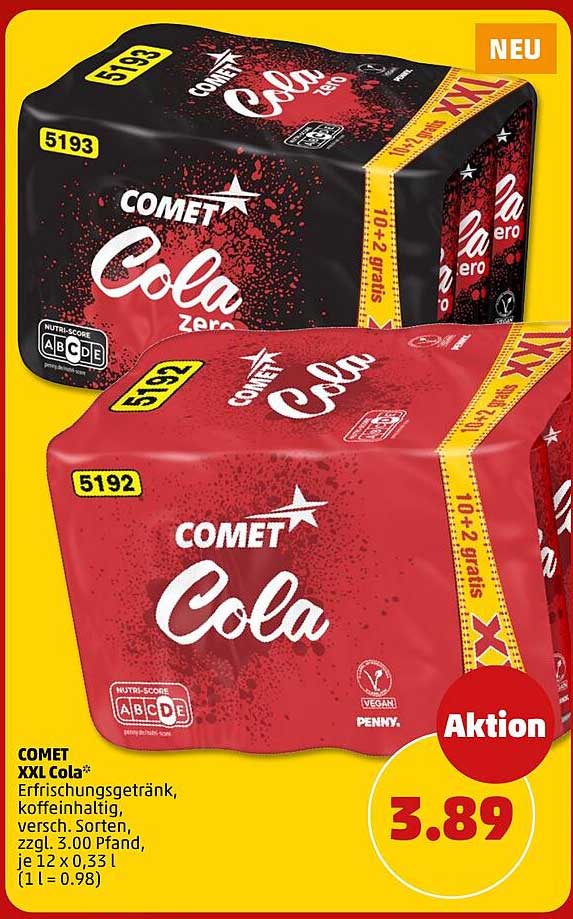 COMET XXL Cola* Erfrischungsgetränk, koffeinhaltig, versch. Sorten, zzgl. 3.00 Pfand, je 12 x 0,33 l (1 l = 0.98)