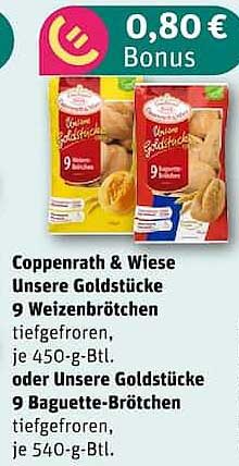 Coppenrath & Wiese Unsere Goldstücke 9 Weizenbrötchen, tiefgefroren, je 450-g-Btl. oder Unsere Goldstücke 9 Baguette-Brötchen, tiefgefroren, je 540-g-Btl.