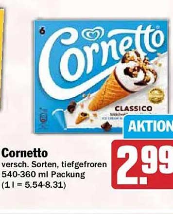 Cornetto versch. Sorten, tiefgefroren 540-360 ml Packung (1 l = 5.54-8.31)
