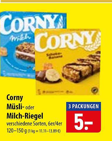 Corny Müsli- oder Milch-Riegel verschiedene Sorten, 6er/4er 120–150 g