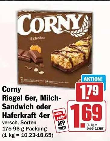Corny Riegel 6er, Milch-Sandwich oder Haferkraft 4er versch. Sorten 175-96 g Packung (1 kg = 10.23-18.65)
