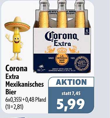 Corona Extra Mexikanisches Bier 6x0,35l + 0,48 Pfand (1l=2,81)