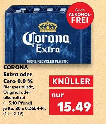 CORONA Extra oder Cero 0.0 % Bierspezialität, Original oder alkoholfrei (+ 3.10 Pfand) je Ka. 20 x 0,355-l-Fl. (1 l = 2.19)