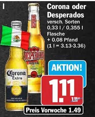 Corona oder Desperados versch. Sorten 0,33 l / 0,355 l Flasche + 0.08 Pfand (1 l = 3.13-3.36)