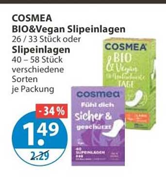 COSMEA BIO&Vegan Slipeinlagen 26 / 33 Stück oder Slipeinlagen 40 – 58 Stück verschiedene Sorten je Packung