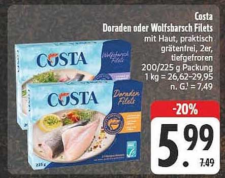 Costa Doraden oder Wolfsbarsch Filets mit Haut, praktisch grätenfrei, 2er, tiefgefroren