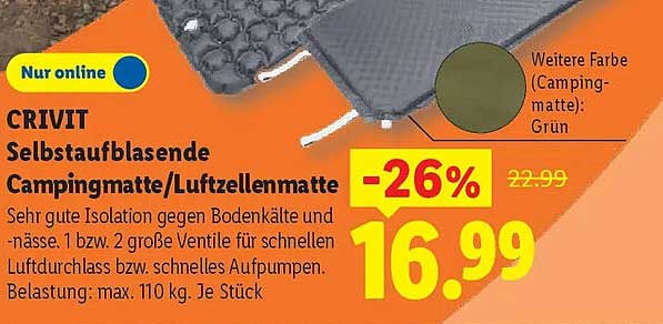 CRIVIT Selbstaufblasende Campingmatte/Luftzellenmatte