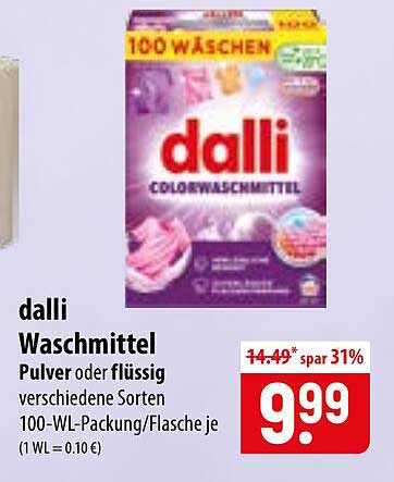 dalli Waschmittel Pulver oder flüssig verschiedene Sorten 100-WL-Packung/Flasche je (1 WL = 0.10 €)
