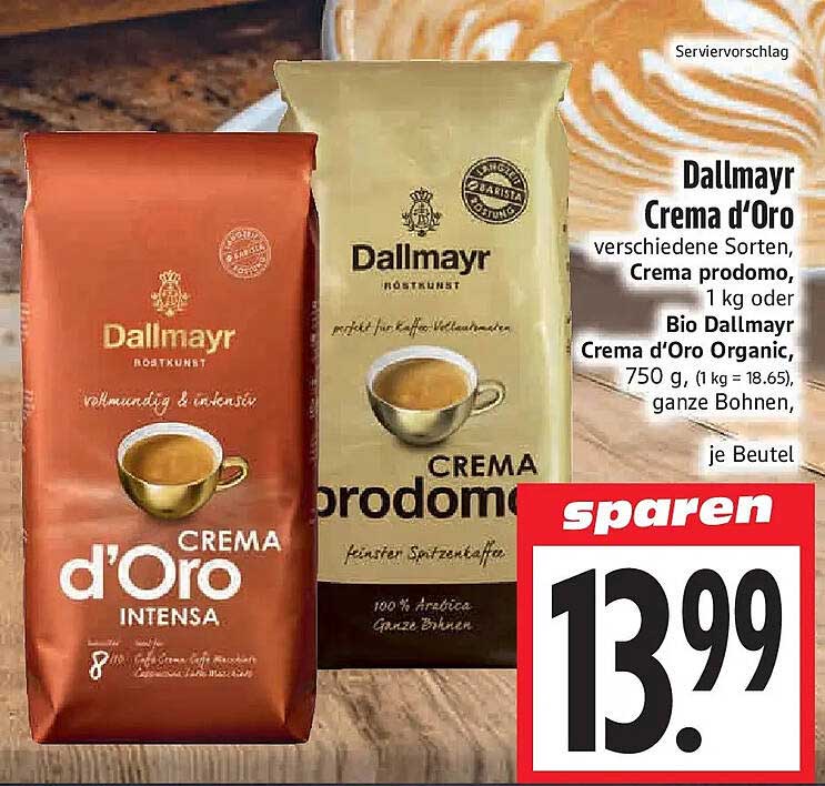 Dallmayr Crema d’Oro verschiedene Sorten, Crema prodomo, 1 kg oder Bio Dallmayr Crema d’Oro Organic, 750 g, (1 kg = 18.65), ganze Bohnen