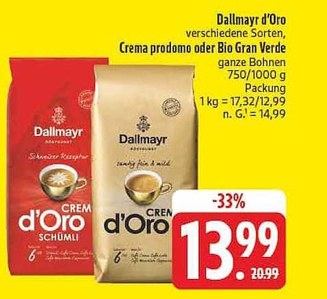 Dallmayr d’Oro verschiedene Sorten, Crema prodomo oder Bio Gran Verde ganze Bohnen
