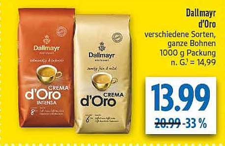 Dallmayr d'Oro verschiedene Sorten, ganze Bohnen, 1000 g Packung
