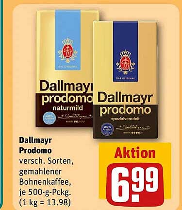 Dallmayr Prodomo versch. Sorten, gemahlener Bohnenkaffee, je 500-g-Pckg. (1 kg = 13.98)