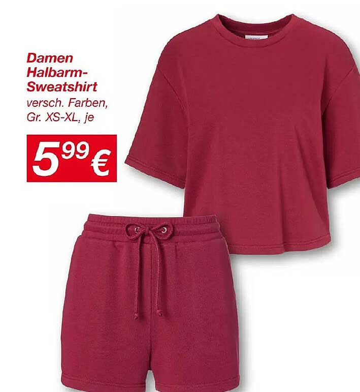 Damen Halbarm-Sweatshirt versch. Farben, Gr. XS-XL, je
