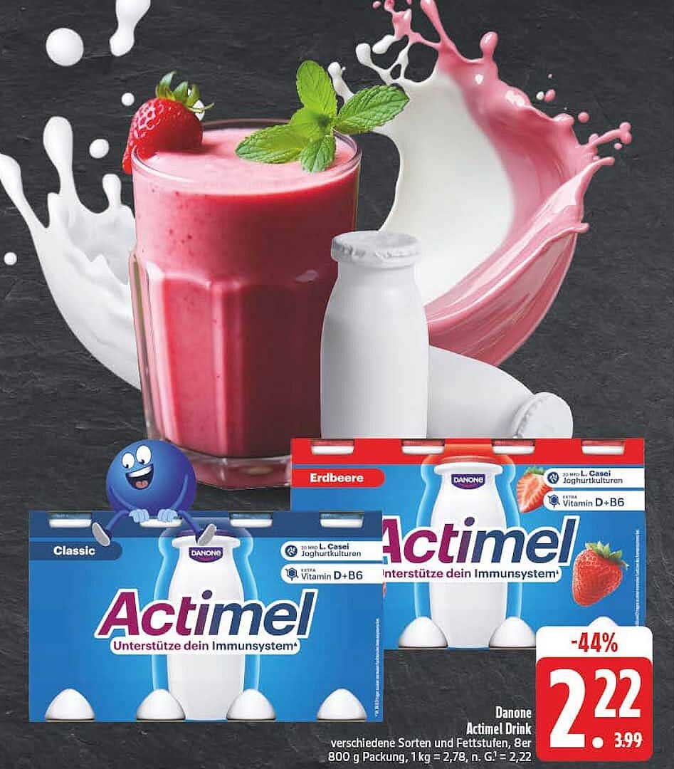 Danone Actimel Drink verschiedene Sorten und Fettstufen, 8er 800 g Packung, 1 kg = 2,78, n. G.* = 2,22