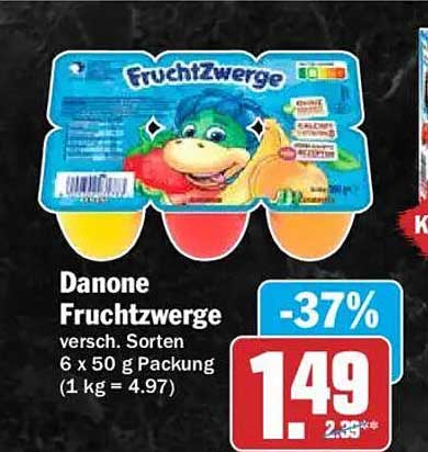 Danone Fruchtzwerge verschn. Sorten 6 x 50 g Packung (1 kg = 4.97)