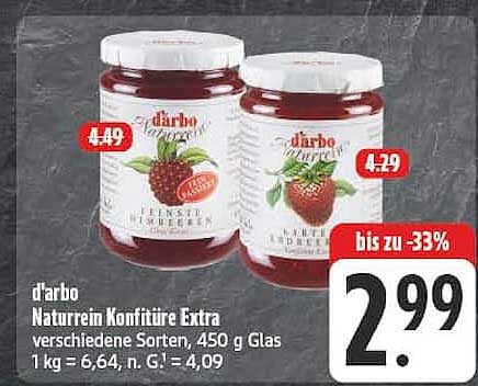 darbo Naturreine Konfitüre Extra verschiedene Sorten, 450 g Glas 1 kg = 6,64, n. G. = 4,09
