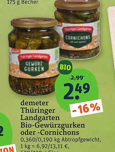 demeter Thüringer Landgarten Bio-Gewürzgurken oder -Cornichons