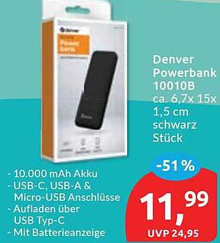 Denver Powerbank 10010B ca. 6,7 x 15 x 1,5 cm schwarz Stück