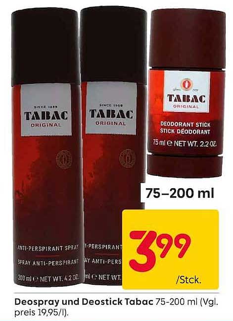 Deospray und Deostick Tabac 75-200 ml (Vgl. preis 19,95/l).
