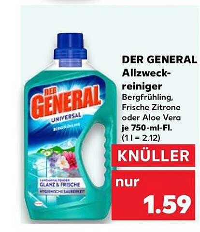 DER GENERAL Allzweckreiniger Bergfrühling, Frische Zitrone oder Aloe Vera je 750-ml-Fl. (1 l = 2.12) KNÜLLER nur