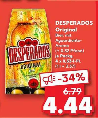 DESPERADOS Original Bier, mit Aguardiente-Aroma (+ 0.32 Pfand) je Packg. 4 x 0,33-l-Fl.