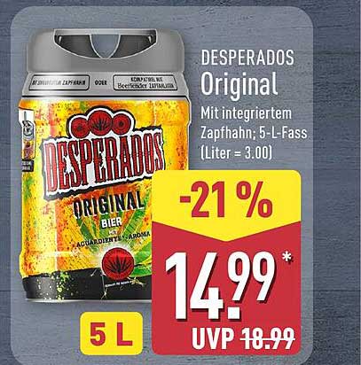 DESPERADOS Original Mit integriertem Zapfhahn, 5-L-Fass (Liter = 3.00)
