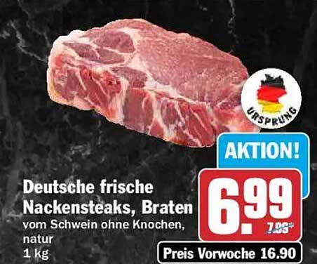 Deutsche frische Nackensteaks, Braten vom Schwein ohne Knochen, natur 1 kg