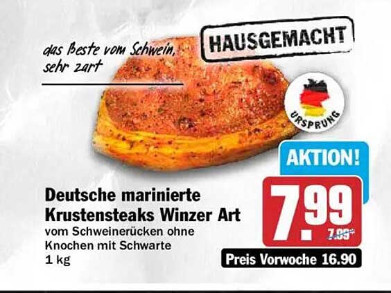 Deutsche marinierte Krustensteaks Winzer Art vom Schweinerücken ohne Knochen mit Schwarte 1 kg