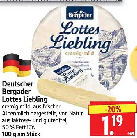 Deutscher Bergader Lottes Liebling cremig mild, aus frischer Alpenmilch hergestellt, von Natur aus laktose- und glutenfrei, 50 % Fett i.Tr. 100 g am Stück