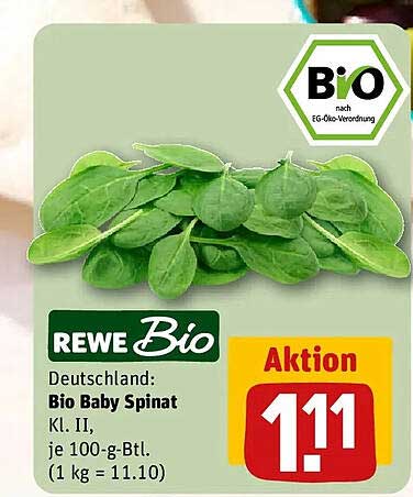 Deutschland: Bio Baby Spinat Kl. II, je 100-g-Btl. (1 kg = 11.10)