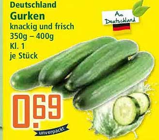 Deutschland Gurken knackig und frisch 350g – 400g Kl. 1 je Stück