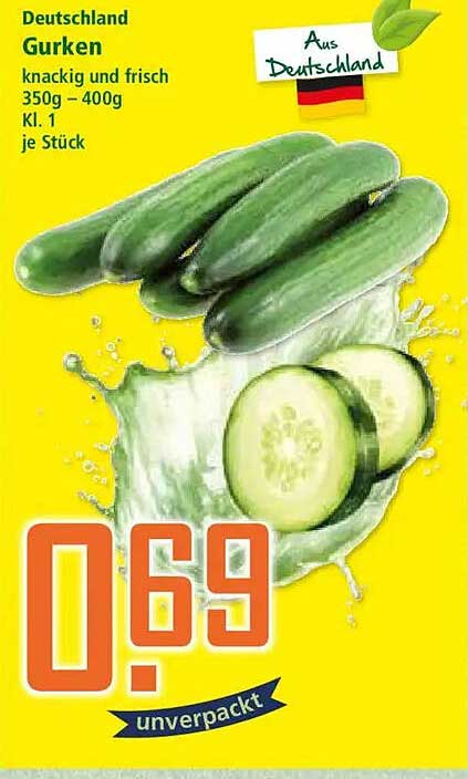 Deutschland Gurken knackig und frisch 350g - 400g Kl. 1 je Stück