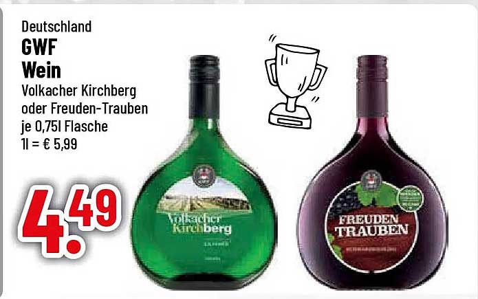 Deutschland GWF Wein Volkacher Kirchberg oder Freuden-Trauben je 0,75l Flasche 1l = € 5,99