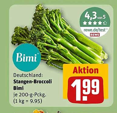 Deutschland: Stangen-Broccoli Bimi je 200-g-Pckg. (1 kg = 9.95)