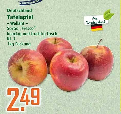 Deutschland Tafelapfel – Wellant – Sorte: „Fresco“ knackig und fruchtig frisch Kl. 1 1kg Packung