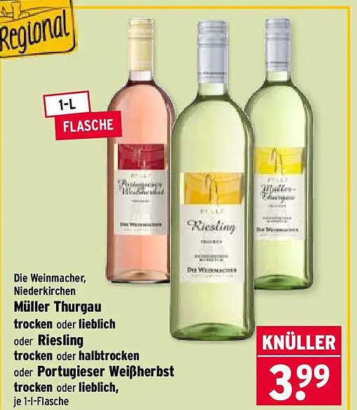Die Weinmacher, Niederkirchen Müller Thurgau trocken oder lieblich oder Riesling trocken oder halbtrocken oder Portugieser Weißherbst trocken oder lieblich, je 1-l-Flasche