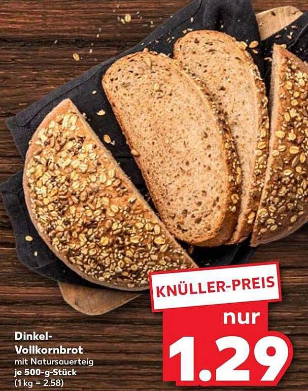 Dinkel-Vollkornbrot mit Natursauerteig je 500-g-Stück (1 kg = 2,58)