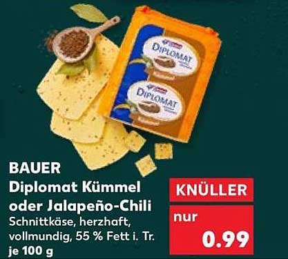 Diplomat Kümmel oder Jalapeño-Chili Schnittkäse, herzhaft, vollmundig, 55 % Fett i. Tr. je 100 g