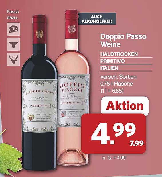 Doppio Passo Weine halb trocken Primitivo Italien versch. Sorten 0,75-l-Flasche (1 l = 6.65)